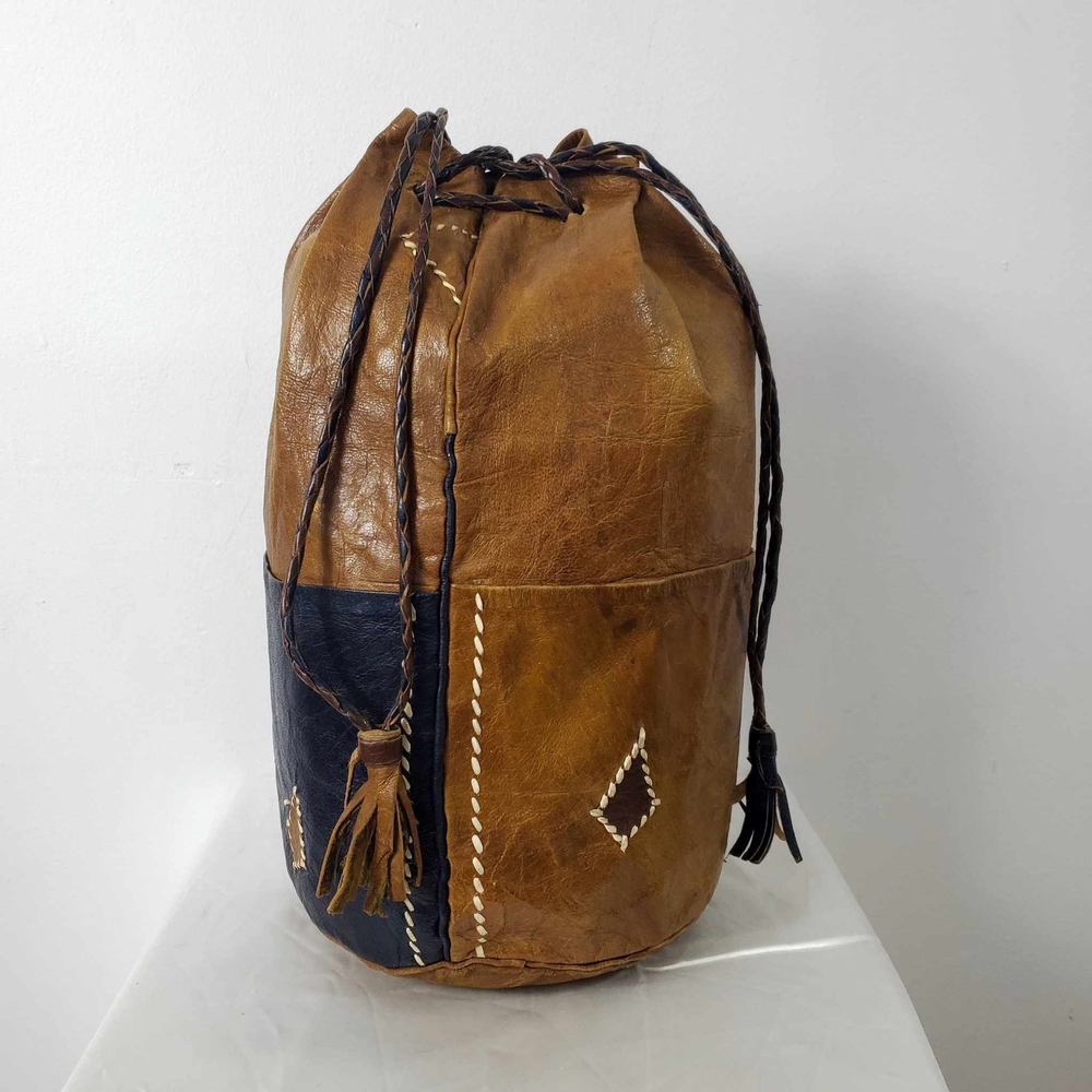 Vintage Handmade Leather Leaf Patchwork Drawstring Bucket Bag
